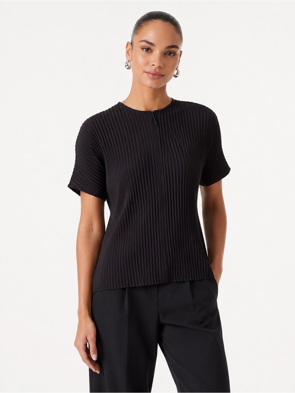 COS Black Ribbed Short Sleeve top sweater with zip